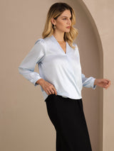[Light Blue] SilkSilky Long Sleeve Wrap Women's Blouse 004
