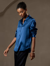 [Teal] SilkSilky  Long Sleeve Lapel Collar Women's Shirt 006