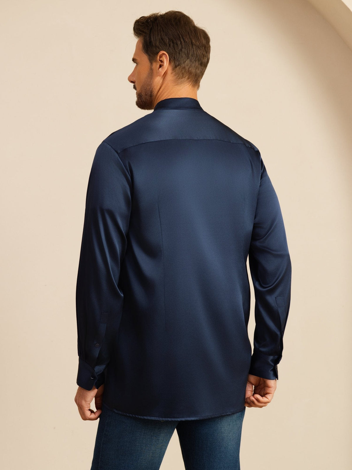 [Dark Blue] SilkSilky Long Sleeve Stand Collar Men''s Shirt 002