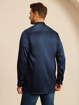 [Dark Blue] SilkSilky Long Sleeve Stand Collar Men''s Shirt 002