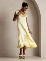 [Light Yellow] SilkSilky  19Momme Stretch Silk Charmeuse Cap Sleeve Scoop Neck Dress 004