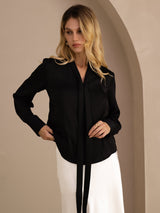 [Black] SilkSilky Long Sleeve Tie Neck Women's Blouse 002