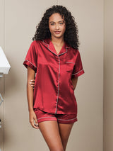 [Wine] SilkSilky  Short Sleeve Lapel Collar Women's Pajamas 001