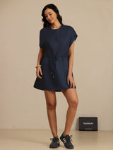 Navy silk Henley neck cap sleeve short dress with drawstring waist