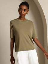 [Burnt Olive] SilkSilky  100% High-Twist Silk Jersey Half Sleeve Crew Neck Women's T-Shirt 007