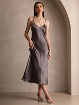 [Dark Khaki] SilkSilky  Spaghetti Strap V Neck Dress 001