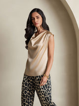 [Champagne] SilkSilky  Cap Sleeve Cowl Neck Women's T-Shirt 004