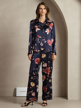 [Navy Floral] SilkSilky  19Momme Silk Lapel Collar Women''s Outfit Sets 001