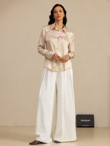 Beige 19 momme silk blouse with crane print, lapel collar and button front
