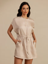 [Tan] SilkSilky 18Momme Silk Satin Surah Cap Sleeve Henley Neck Dress 001