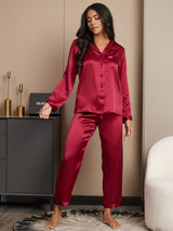 [Wine] SilkSilky  Long Sleeve Lapel Collar Women's Pajamas 001