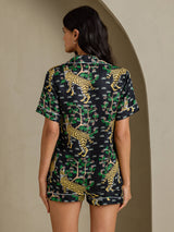 [Black Serval] SilkSilky Short Sleeve Notch Collar Women's Pajamas 002