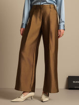 High waist brown silk wool blend wide leg pants with pleats and side pockets