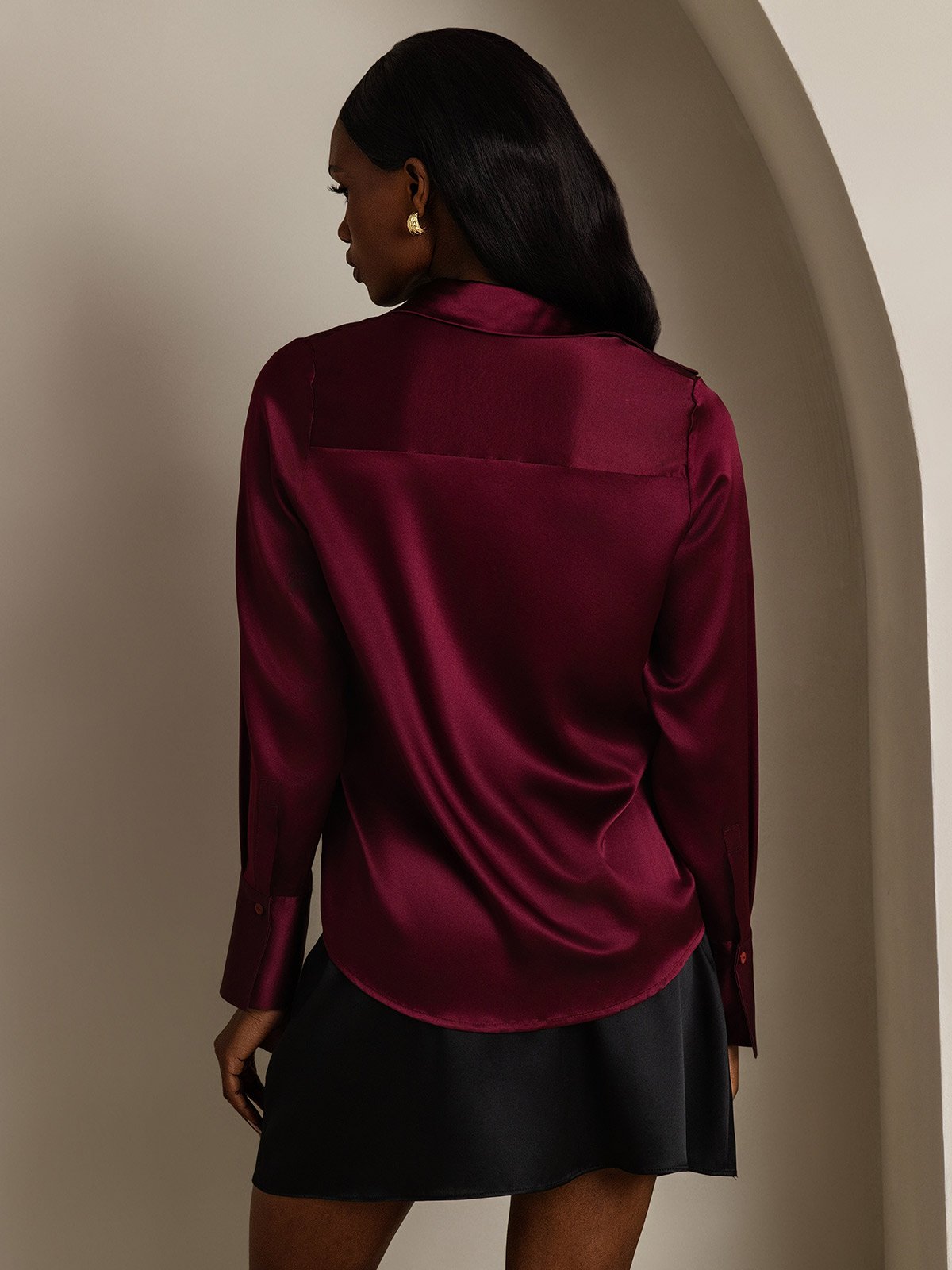 [Dark Red] SilkSilky  Long Sleeve Lapel Collar Women's Shirts 002
