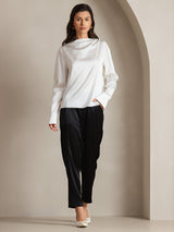 White 19 momme silk long sleeve boat neck blouse with relaxed drape