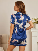 [Dark Blue] SilkSilky  Short Sleeve Lapel Collar Women's Pajamas 003
