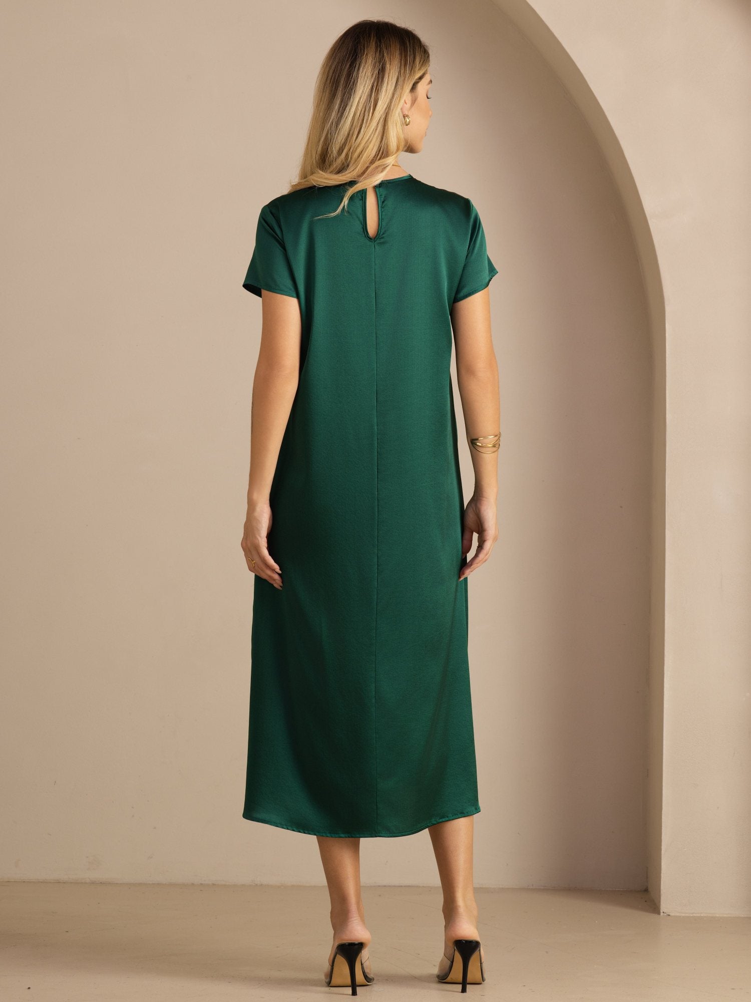 [Dark Green] SilkSilky  Short Sleeve Crew Neck Dress 002