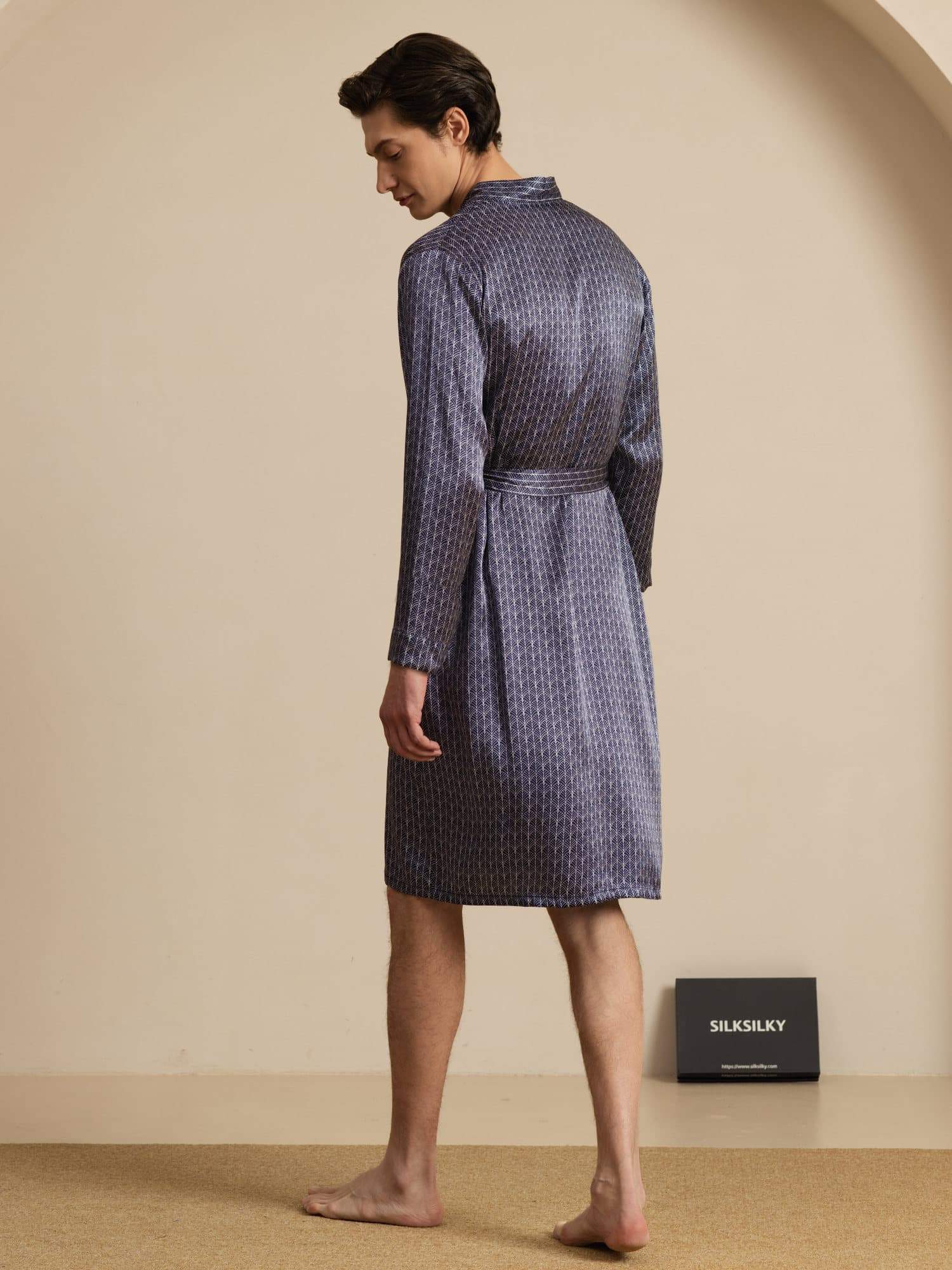 [Navy Ginkgo] SilkSilky  Long Sleeve Men's Robe 002