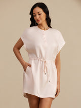 Light pink silk Henley neck short dress with drawstring waist and side pockets