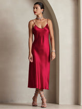 [Wine] SilkSilky  Pure Silk Spaghetti Strap V Neck Dress 001