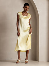 [Light Yellow] SilkSilky  19Momme Stretch Silk Charmeuse Cap Sleeve Scoop Neck Dress 005