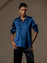 [Teal] SilkSilky  Long Sleeve Lapel Collar Women's Shirt 001
