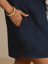 Navy silk Henley neck short dress with side pockets and drawstring waist
