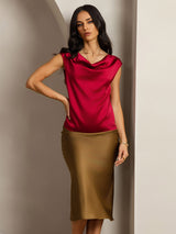 [Wine] SilkSilky  Cap Sleeve Cowl Neck Women's T-Shirt 004
