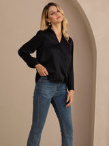 [Black] SilkSilky Long Sleeve Wrap Women's Blouse 004