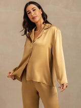 Gold long sleeve silk pajama set with notch collar and button-front top