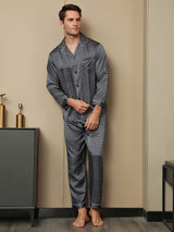 [Navy Ginkgo] SilkSilky  Long Sleeve Lapel Collar Men's Pajamas 005