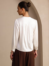 [White] SilkSilky Long Sleeve Wrap Women's Blouse 002