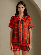[Red Plaid] SilkSilky Short Sleeve Notch Collar Women's Pajamas 001