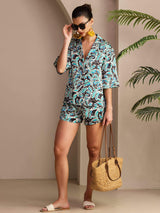 [Teal Botanical] SilkSilky  Half Sleeve Lapel Collar Women's Pajamas 006