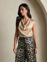[Champagne] SilkSilky  Cap Sleeve Cowl Neck Women's T-Shirt 006