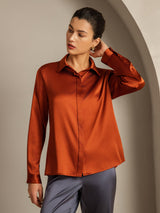 [Caramel] SilkSilky  19Momme Long Sleeve Lapel Collar Women's Shirt 004