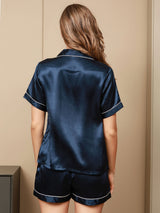 [Dark Blue] SilkSilky  Short Sleeve Lapel Collar Women's Pajamas 002