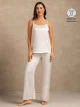 White silk camisole and wide-leg pants set with adjustable straps, machine washable