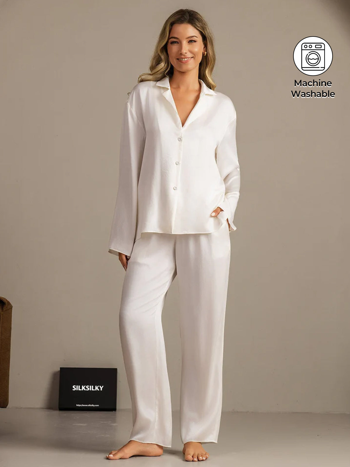 Women's white washable silk pajama set with notch collar and button front