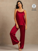 Red machine-washable silk camisole and wide-leg pants set on model